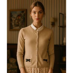 Prairie New York Beige Button Up Pocket Bow Cardigan Sweater Women's Size Large